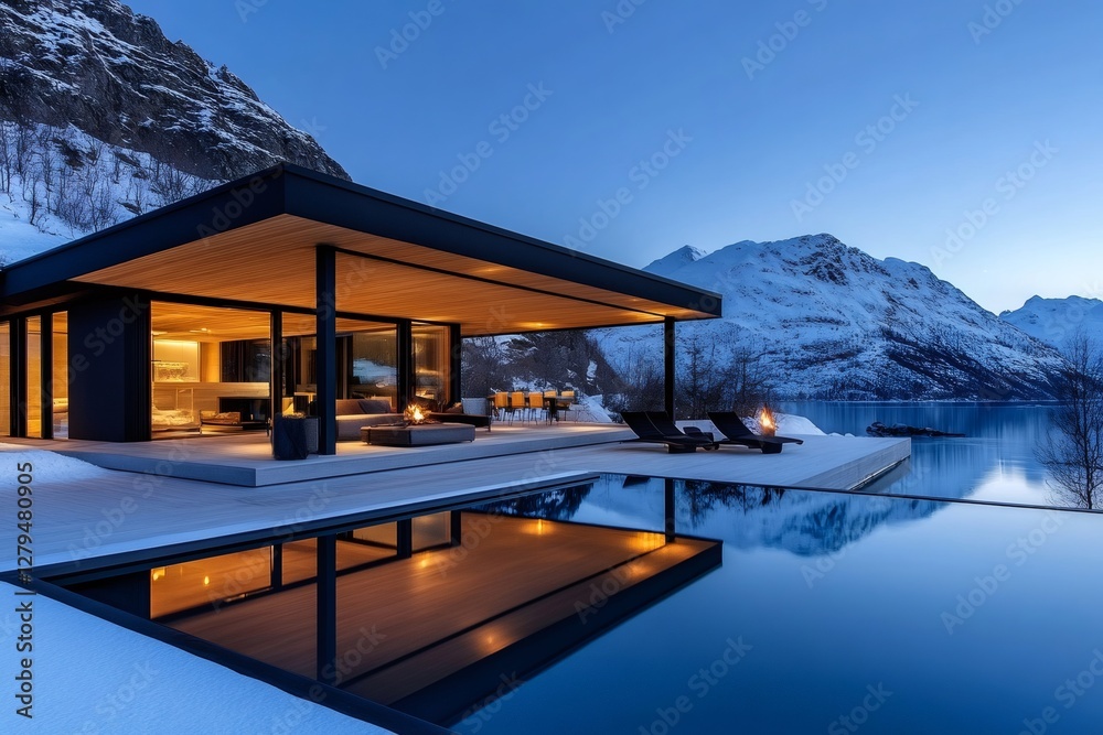 Fototapeta premium Modern luxury home with infinity pool overlooking snowy mountain lake at twilight