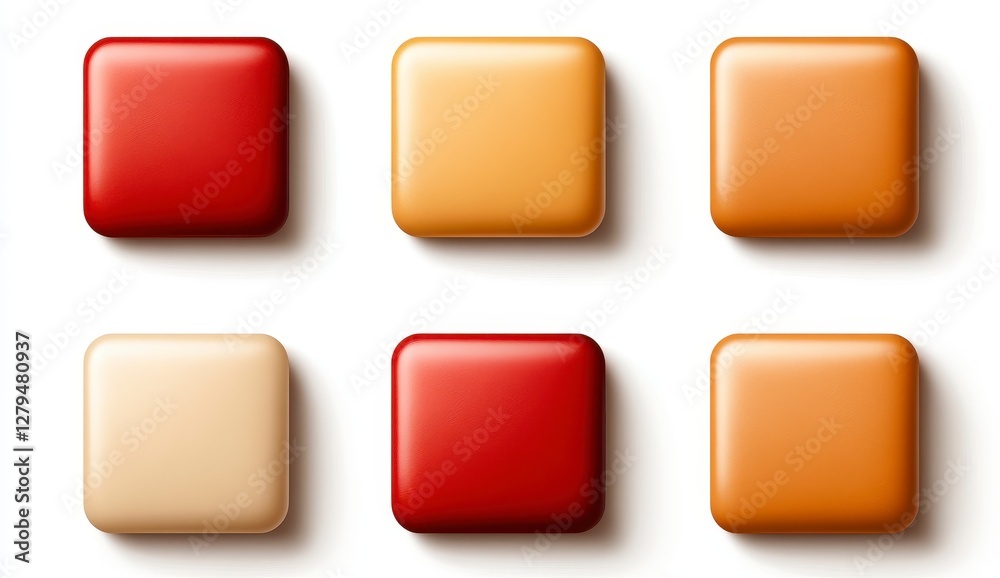 Six Square Objects in Red Beige and Cream on White Background Six Square Objects in Red Beige and Cream on White Background