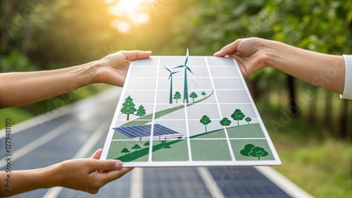 Two hands hold a roadmap illustrating renewable energy sources like solar panels, wind turbines, and trees. The background shows a sunlit path.