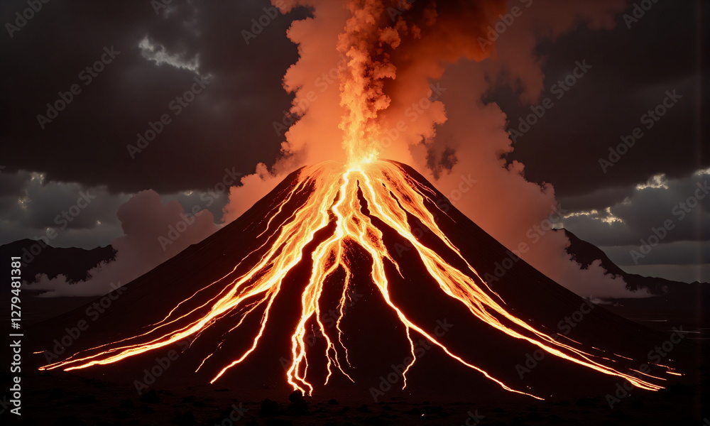 Fototapeta premium Volcano View with molten lava and smoky skies