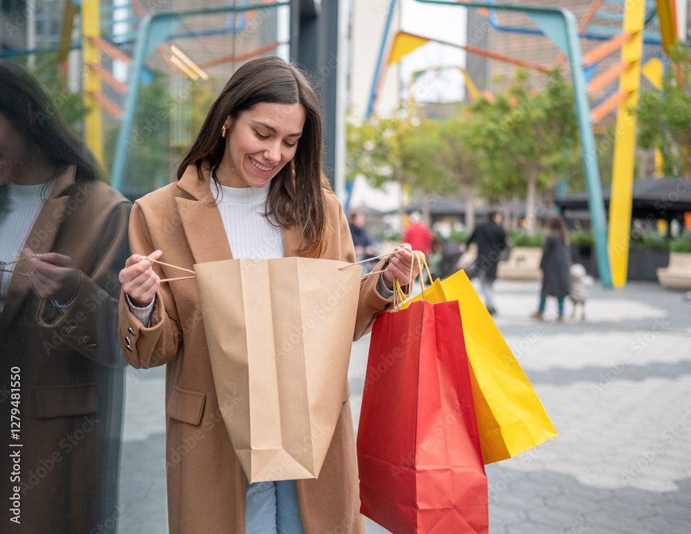 Happy shopper opening shopping bag in a modern city Happy shopper opening shopping bag in a modern city