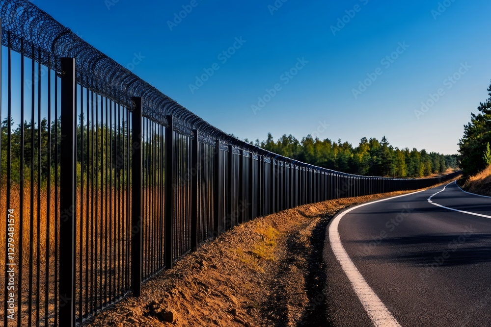 Fototapeta premium High security fence protecting highway infrastructure with razor wire in sunny day