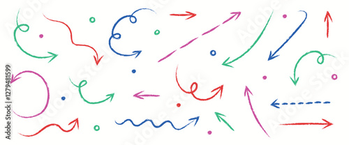Set of hand drawn arrows in pencil, crayon and chalk style. Cartoon elements. Vector illustration