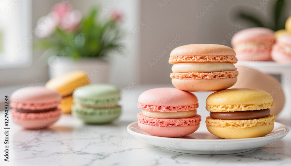 Fototapeta premium Colorful macarons stacked on a plate with soft background