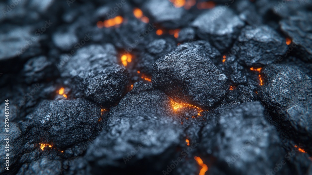Molten rock close-up, fiery embers glowing, volcanic landscape background. Use Science, Nature, Design Molten rock close-up, fiery embers glowing, volcanic landscape background. Use Science, Nature, Design