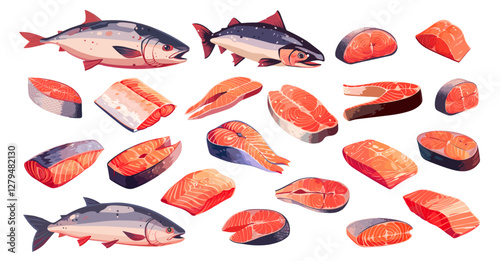 Salmon fish meat. Cartoon seafood fillet slice steak sashimi, red sea meal, fresh food diet product set vector illustration
