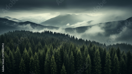 Paysage de forêt dans les montagnes. Nuage, brume, brouillard. Horizon, calme. Pour conception et création graphique.