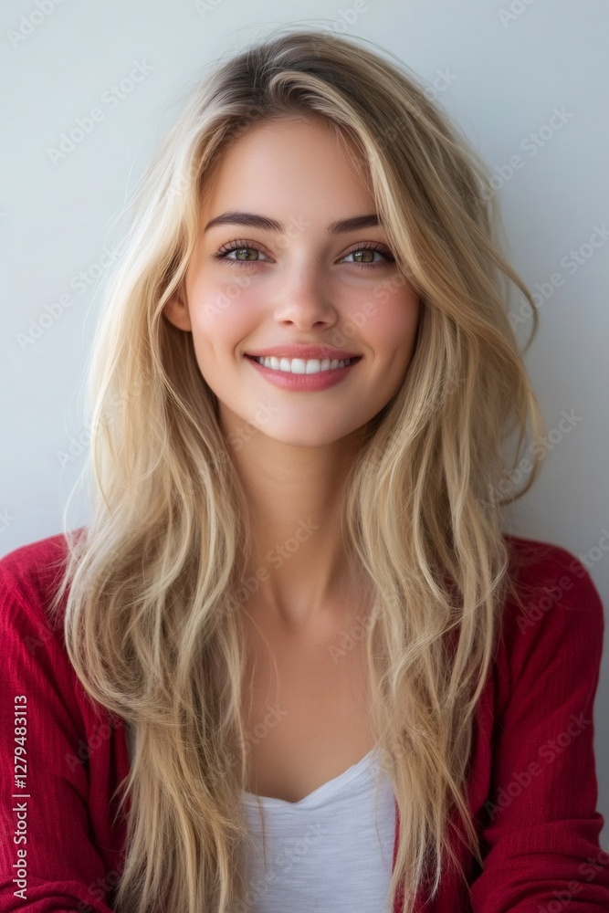 Smiling blonde woman with long hair wearing red cardigan and white shirt Smiling blonde woman with long hair wearing red cardigan and white shirt