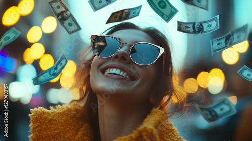 Woman standing with arms outstretched as money falls around her, with a modern city skyline in the background. photo