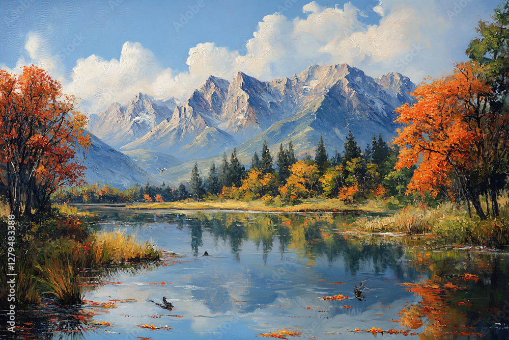 Obraz premium Autumn Tranquility at the Lakeside: Majestic Mountain Reflections and Dappled Light Adventures