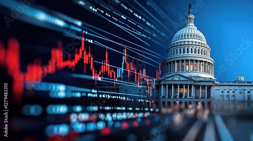 Colorful financial visualizations contrast with the U.S. Capitol, symbolizing governance and economics