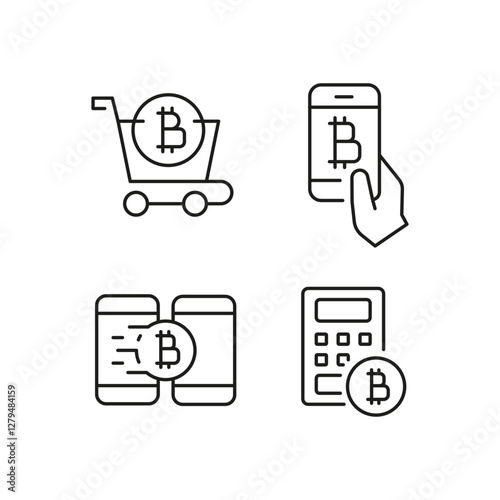 Bitcoin icons. Set of 4 trendy minimal icons. Exchange, lock, blockchain, payment icon. Design signs for web page, mobile app, packaging design. Vector illustration