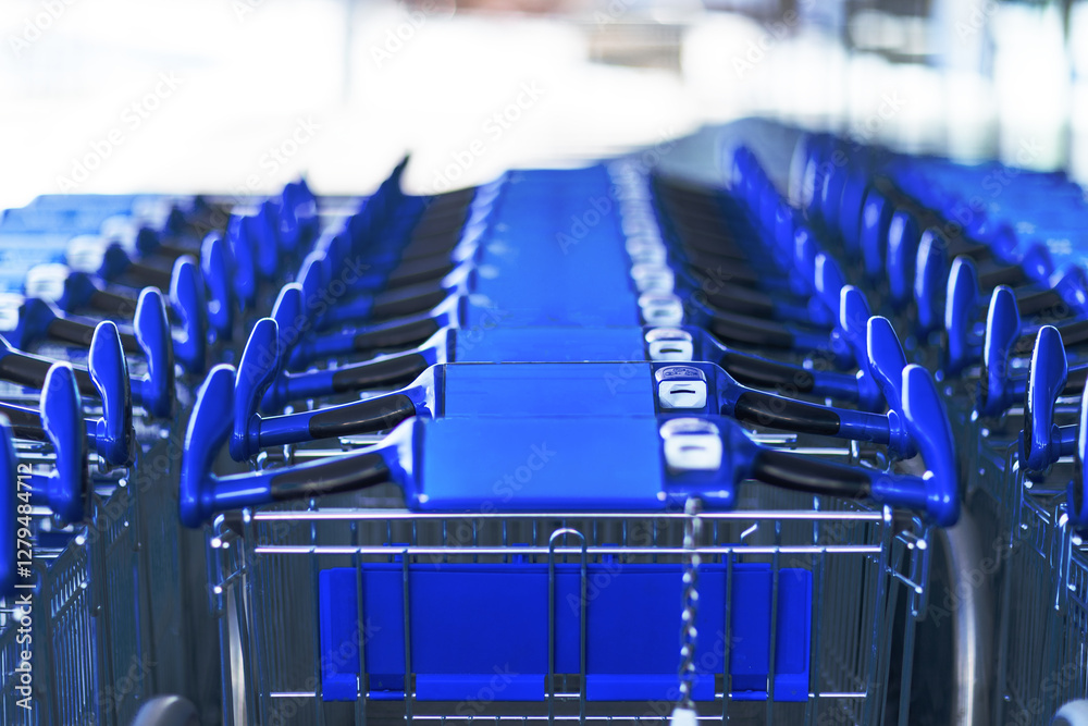 Fototapeta premium Close-Up of Blue Supermarket Shopping Carts Neatly Arranged in a Row