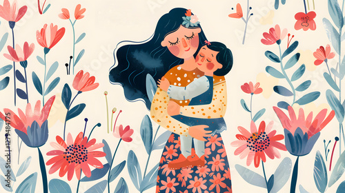 Adorable Mother Holding Her Child in a Floral Background | Heartwarming Flat Illustration | Happy Mother’s Day 