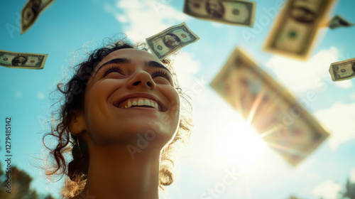 Woman being bombarded with falling banknotes, symbolizing financial success, unexpected wealth, and prosperity photo