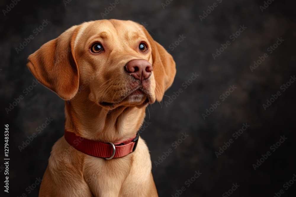 Fox red labrador puppy looking up while wearing red collar Fox red labrador puppy looking up while wearing red collar