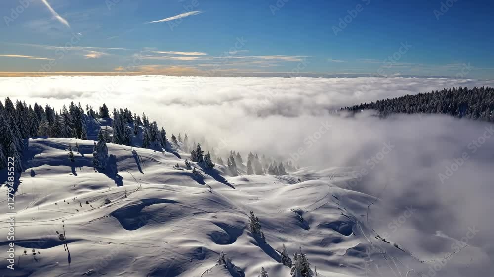 Winter wonderland view with snow-covered hills and misty clouds over valleys in a mountainous region Winter wonderland view with snow-covered hills and misty clouds over valleys in a mountainous region