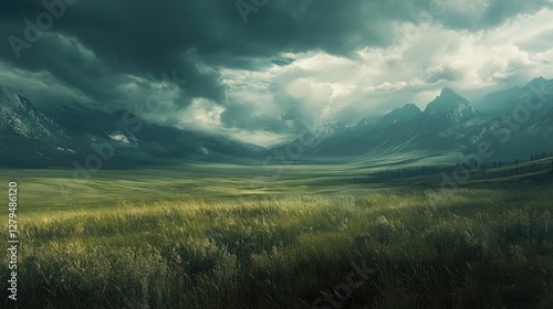 . A panoramic view of a vast prairie under a stormy sky, reflecting the drama often present in Zane Grey's storytelling photo