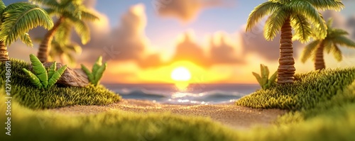Tropical Sunset Beach Scene Golden Light, Palm Trees, and Calm Ocean