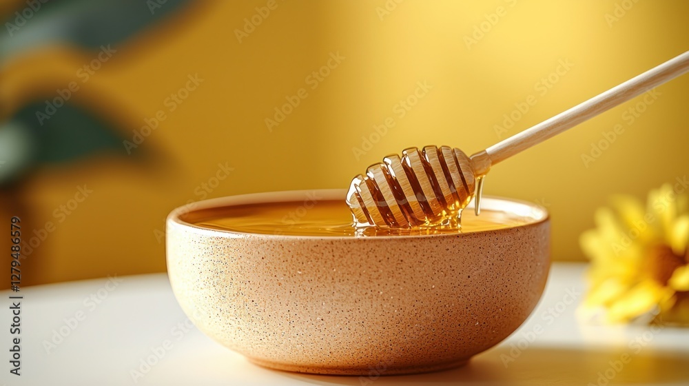 Honey dripping from wooden dipper into bowl on table with yellow background Honey dripping from wooden dipper into bowl on table with yellow background
