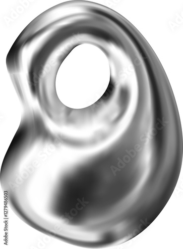 Liquid chrome metal number 0. 3d groovy hologram silver letters. Mercury effect for y2k design. Vctor illustration