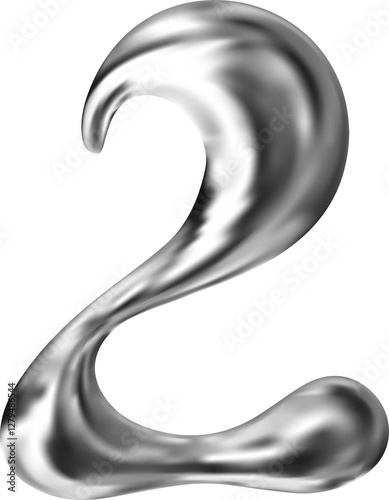 Liquid chrome metal number 2. 3d groovy hologram silver letters. Mercury effect for y2k design. Vctor illustration