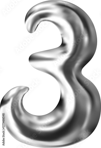 Liquid chrome metal number 3. 3d groovy hologram silver letters. Mercury effect for y2k design. Vctor illustration