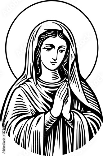 virgin mary portrait engraving vector illustration on white