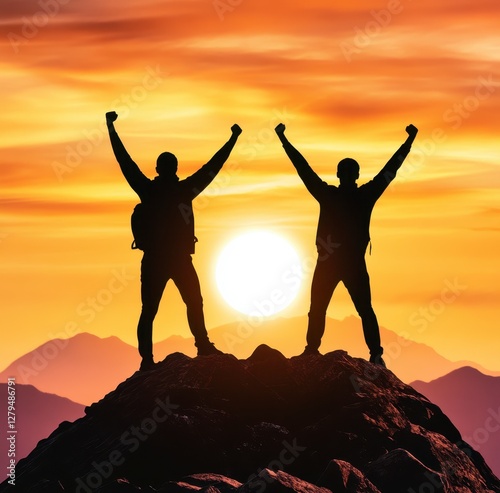 Two Hikers Celebrate Sunset Mountaintop Victory