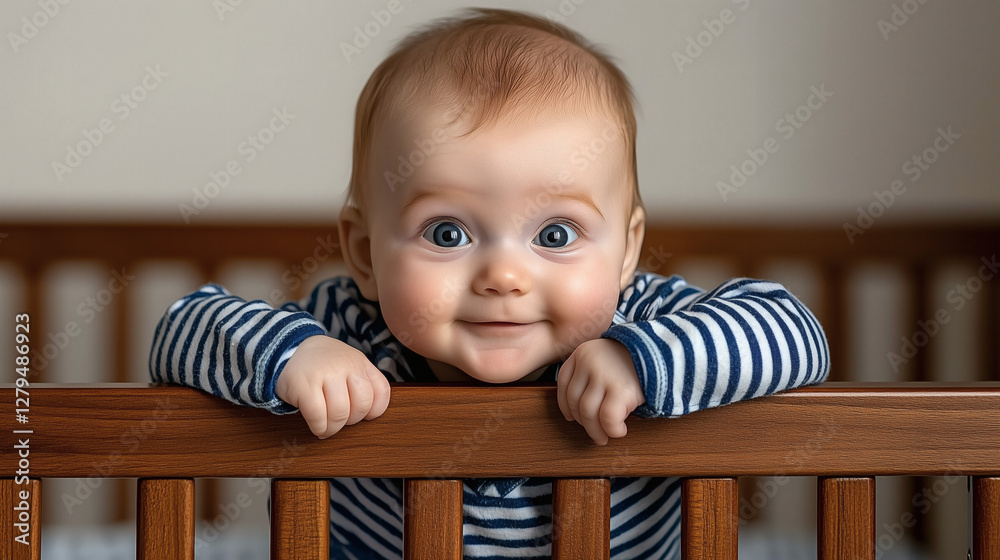 Bebé sonriente apoyado en la cuna con expresión curiosa Bebé sonriente apoyado en la cuna con expresión curiosa