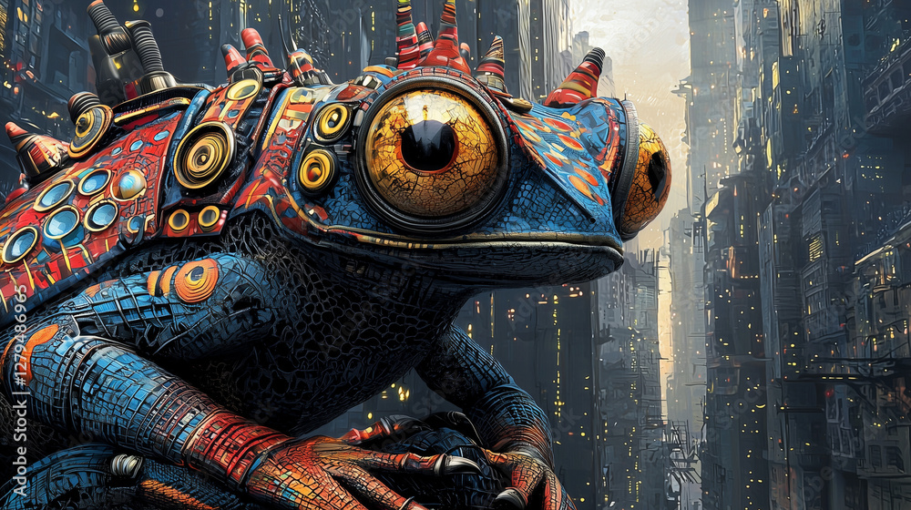 Fototapeta premium A futuristic cybernetic frog with intricate mechanical details in a neon-lit sci-fi cityscape, blending nature and technology