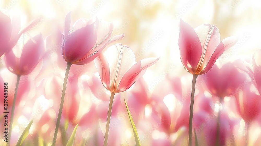 Obraz premium A field with pink tulips bathed in sunlight, featuring flowers in the foreground