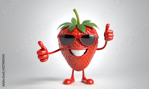 Cheerful cartoon strawberry character wearing sunglasses and giving thumbs up against a light background
