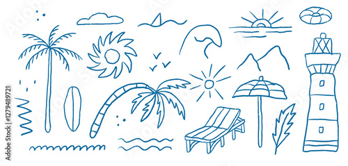Groovy ink beach summer outline elements. Drawn palm tree and sunbed. Abstract minimal sea and sun in trendy retro naive simple style.