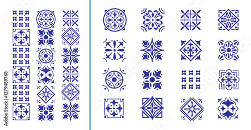 Set of italian tiles background in blue. Mosaic pattern for ceramic. Decoration geometric frame border line