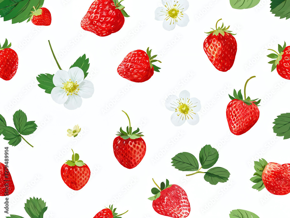 Vibrant pattern featuring fresh strawberries, flowers, and green leaves on a white background in a creative design Vibrant pattern featuring fresh strawberries, flowers, and green leaves on a white background in a creative design