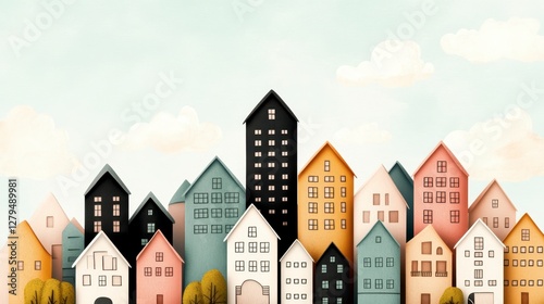 Whimsical Pastel Cityscape Illustration with Fluffy Clouds and Small Trees