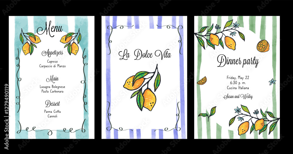 Hand draw la dolce vita breakfast temple. Posters with drawing lemon fruit with striped frame. Minimalist line art. Flier for invitations, menus design