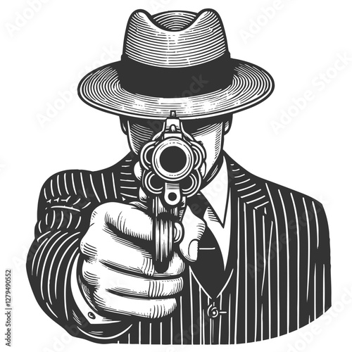serious-faced gangster in a fedora and pinstripe suit, aiming handgun directly forward in a dramatic noir-style pose sketch engraving generative ai vector illustration. Scratch board. Black and white