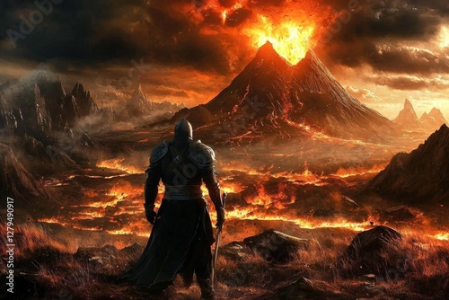 The landscape features a powerful warrior amidst natural fury.
