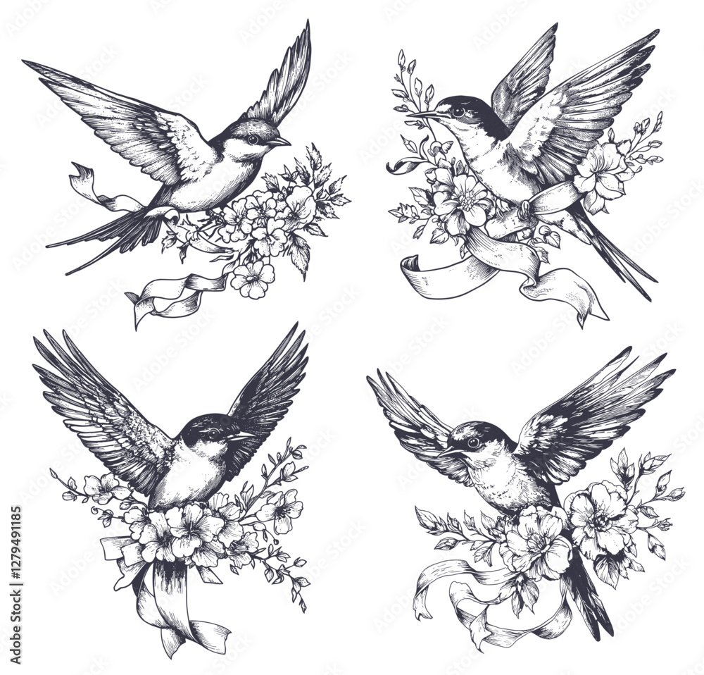 Obraz premium Swallow tattoo. Cute little bird with ribbon and flowers, retro sailor symbol, hand drawn sketch set vector illustration
