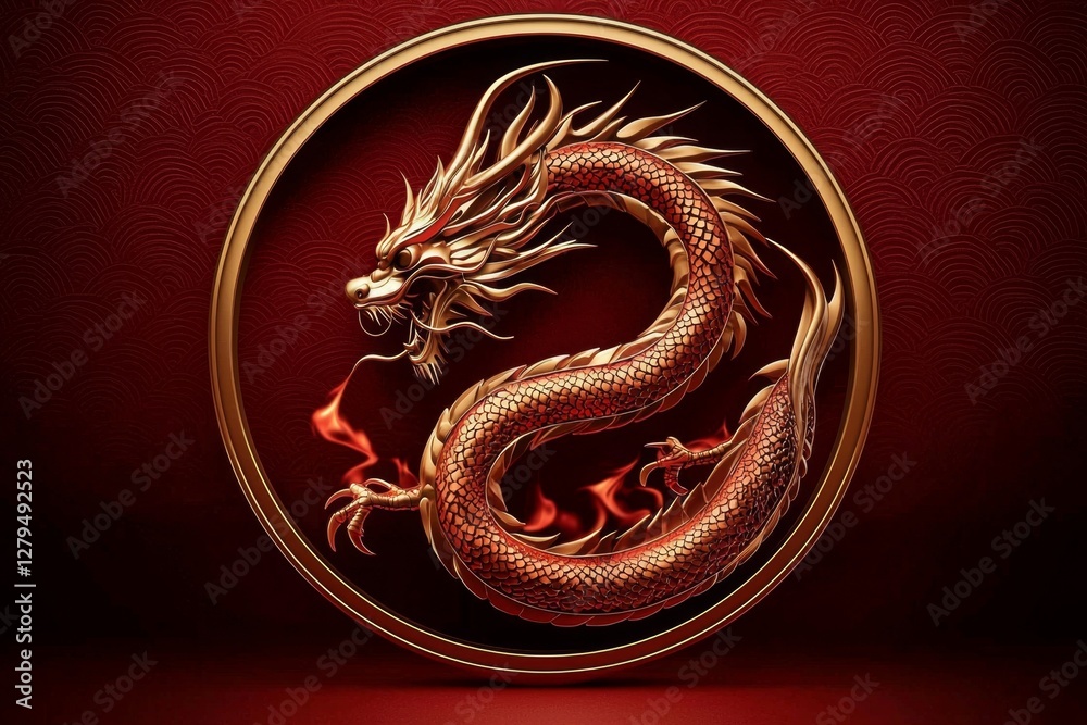 Obraz premium A fierce red Chinese dragon encircled by flames.