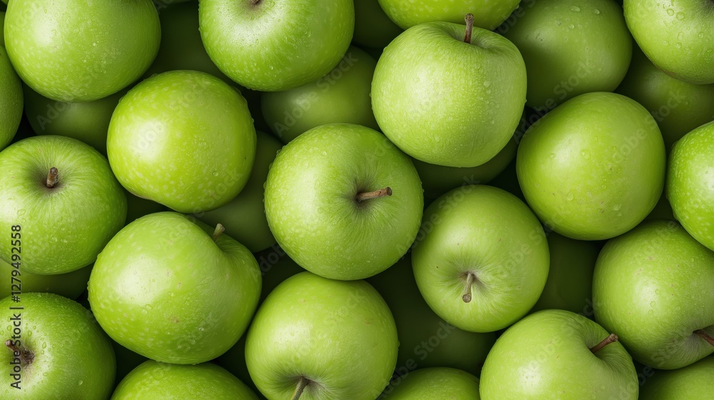 A bunch of green apples are piled on top of each other. The apples are shiny and fresh, and they are arranged in a way that makes them look like they are ready to be eaten A bunch of green apples are piled on top of each other. The apples are shiny and fresh, and they are arranged in a way that makes them look like they are ready to be eaten