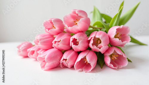 Pink tulips arranged beautifully on a white background