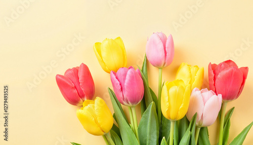 Colorful tulips bouquet on yellow background