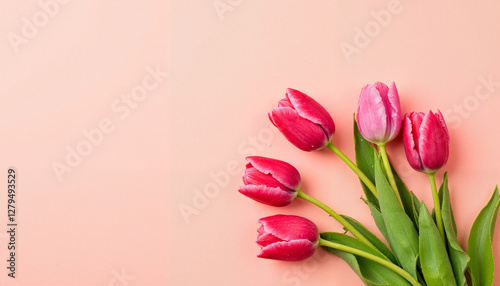 Colorful tulips on pink background