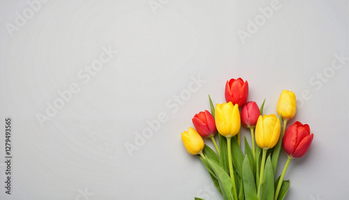 Tulips in red and yellow against a light gray background