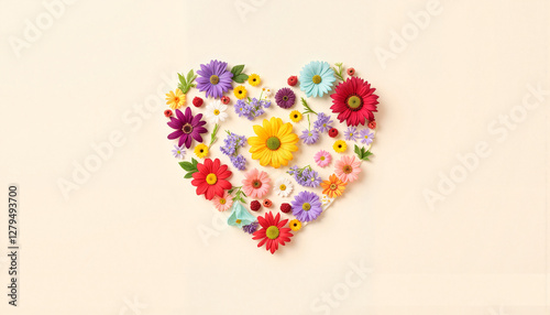 Heart made of colorful flowers on light background