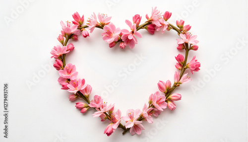 Heart-shaped arrangement of pink flowers on white background