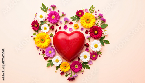 Red heart surrounded by colorful flowers on pastel background